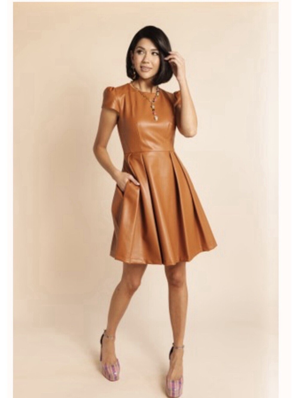 Rachel Parcell Vegan Leather Mini Dress Caramel Brown Sz 10 Party Flirty